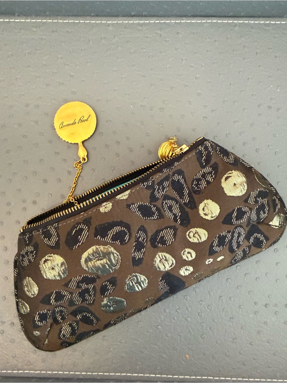 Amanda Pearl Gold & Black Leopard Print Zip Clutch with Matching Mirror